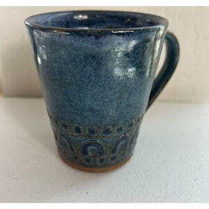 Studio Art Pottery Stoneware Mug Blue Dipped Textured Pattern